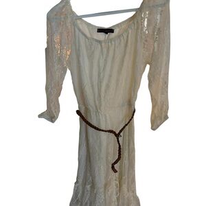 Heart Soul Cream Lace Long Sleeve Dress with Brown Belt (NWT)